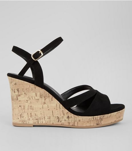Wide Fit Black Suedette Cork Wedge Heels | New Look