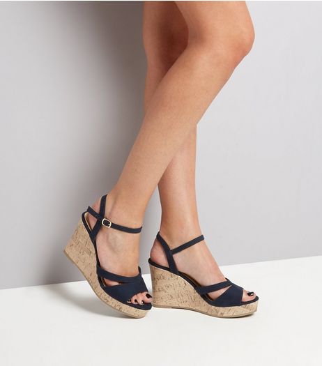 Wide Fit Navy Double Strap Top Cork Wedge Heels | New Look