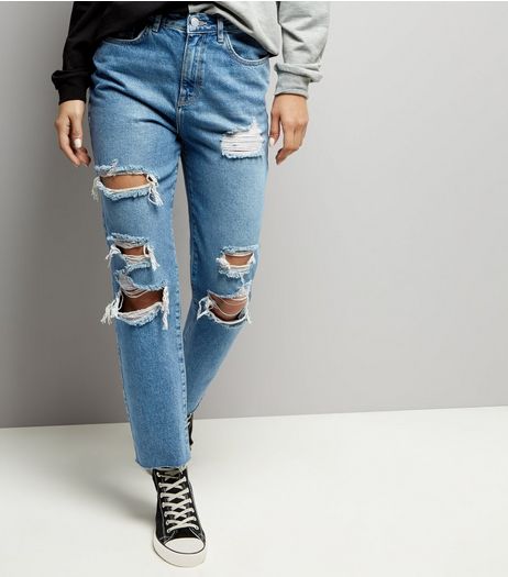 Blue Ripped Straight Leg Jeans | New Look