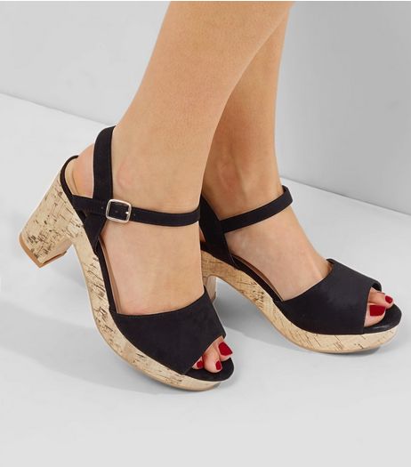 Wide Fit Black Suedette Cork Heels | New Look