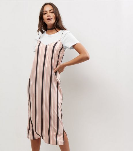 Influence Shell Pink Stripe 2 in 1 Slip Dress | New Look