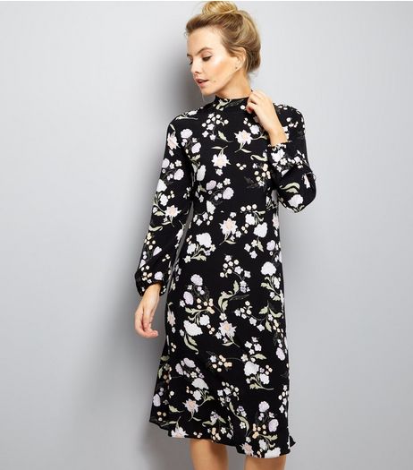 Petite Black Floral Funnel Neck Midi Dress | New Look