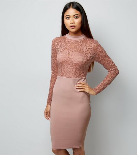 Petite Pink High Neck Lace Top Bodycon Dress | New Look