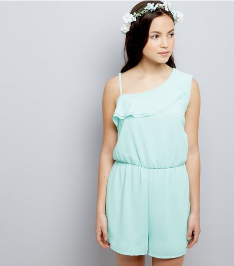 Teens Mint Green Asymmetric Frill Trim Playsuit | New Look