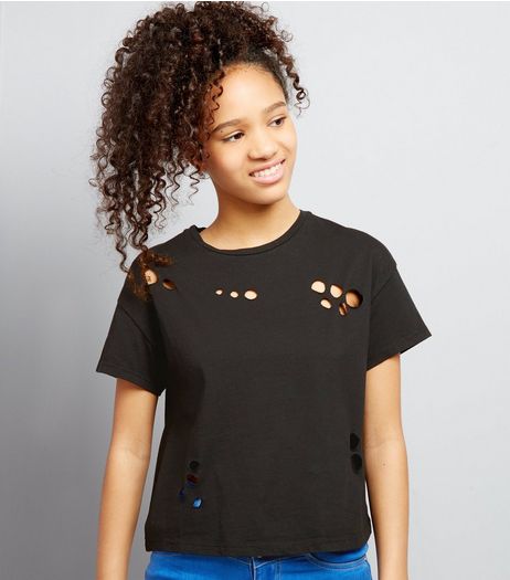 Teens Black Ripped Short Sleeve Crop Top | New Look