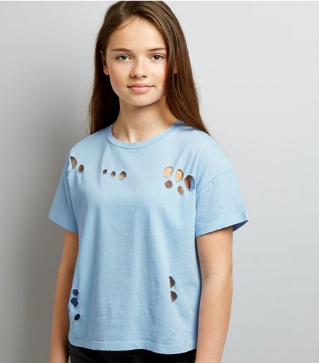 Teens Pale Blue Ripped Short Sleeve T-Shirt | New Look