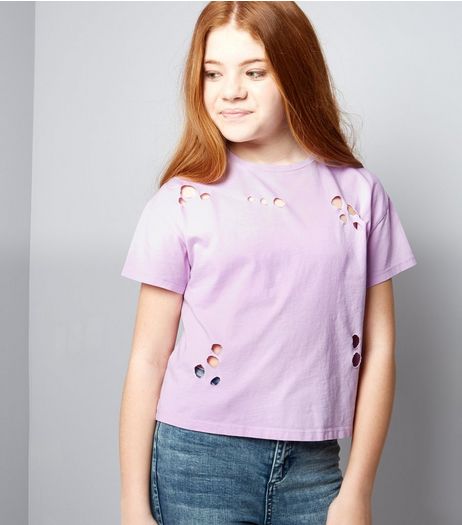 Teens Lilac Ripped Short Sleeve Crop Top | New Look