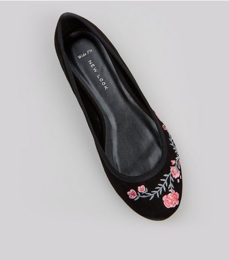 Wide Fit Black Suedette Floral Embroidered Pumps | New Look