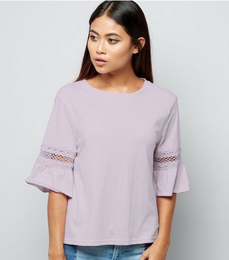 Petite Lilac Lace Trim Frill Sleeve T-Shirt | New Look