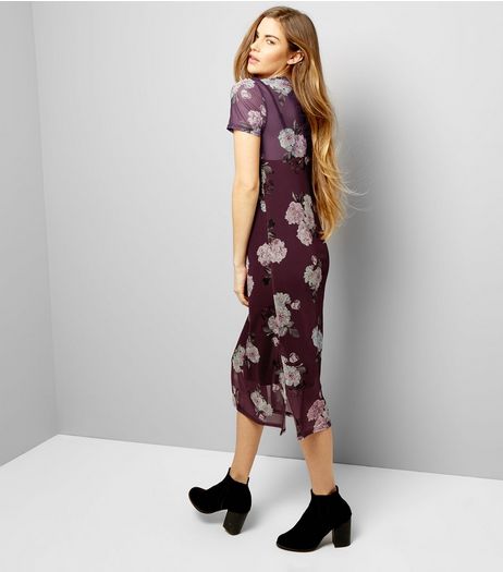 Red Rose Print Mesh Overlay Short Sleeve Dress | New Look