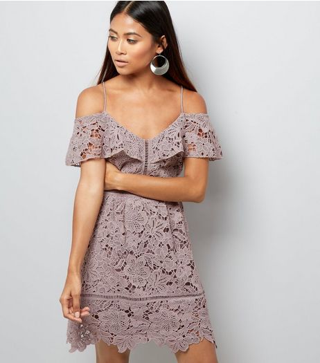 Petite Lilac Lace Cold Shoulder Mini Skater Dress | New Look