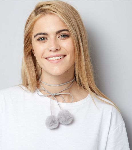 Grey Suedette Pom Pom Choker | New Look