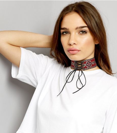Red Pattern Corset Choker | New Look