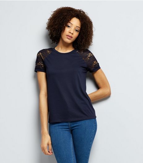 JDY Navy Sheer Sleeve Top | New Look