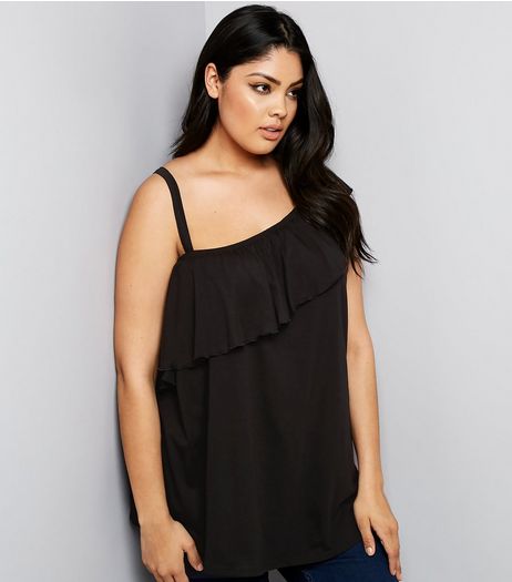 Curves Black Asymmetric Frill Off The Shoulder Top | New Look