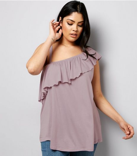 Curves Lilac Asymmetric Frill Off The Shoulder Top | New Look