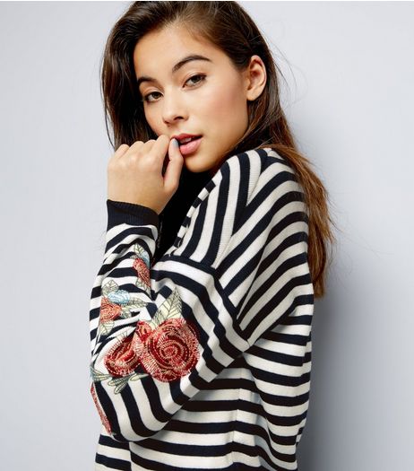 White Stripe Rose Embroidered Jumper | New Look