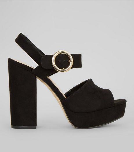 Black Suedette Buckle Strap Block Heels | New Look