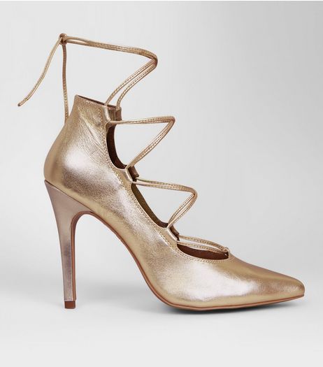 Gold Leather Ghillie Pointed Heels | New Look