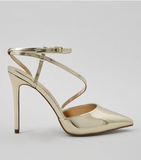 Gold Asymmetric Strap Top Pointed Heels | New Look