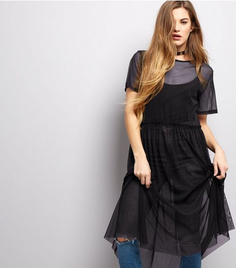Black Mesh Frill Trim Smock Dress | New Look
