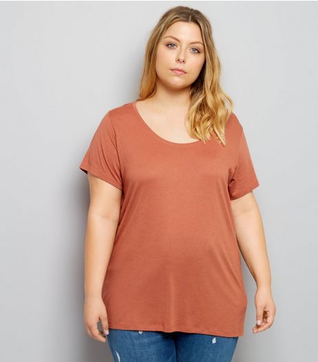 Curves Light Brown Scoop Neck T-Shirt | New Look