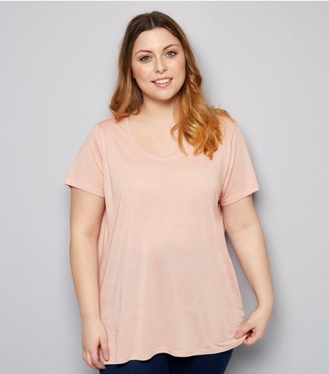 Curves Shell Pink Scoop Neck T-Shirt | New Look