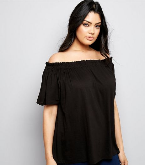 Curves Black Shirred Bardot Neck Top | New Look