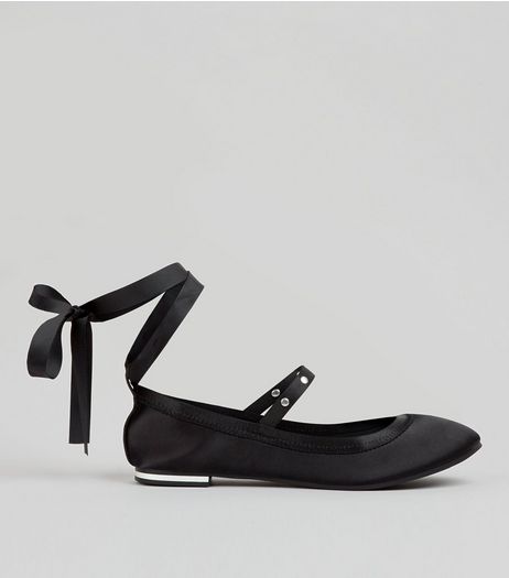 Black Satin Stud Strap Tie Up Pumps | New Look