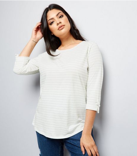Curves Mint Green Stripe D Ring Sleeve Detail Top | New Look
