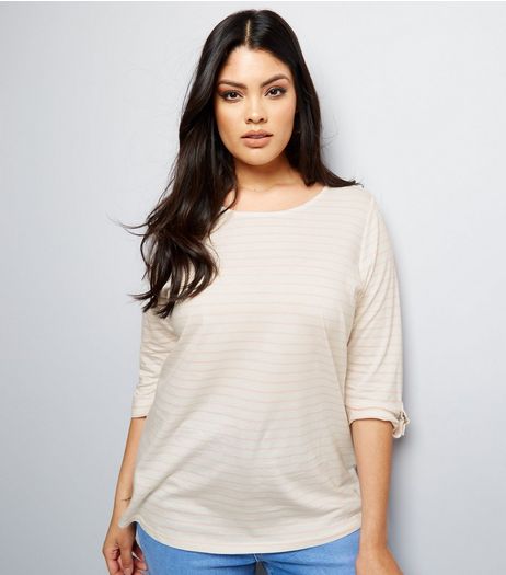 Curves Print Stripe D Ring Sleeve Detail Top | New Look