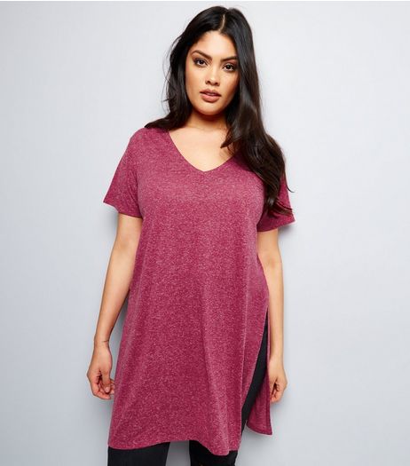 Curves Pink Split Side Longline T-Shirt | New Look