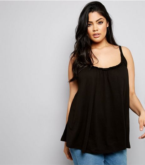 Curves Black Frill Trim Gathered Cami | New Look