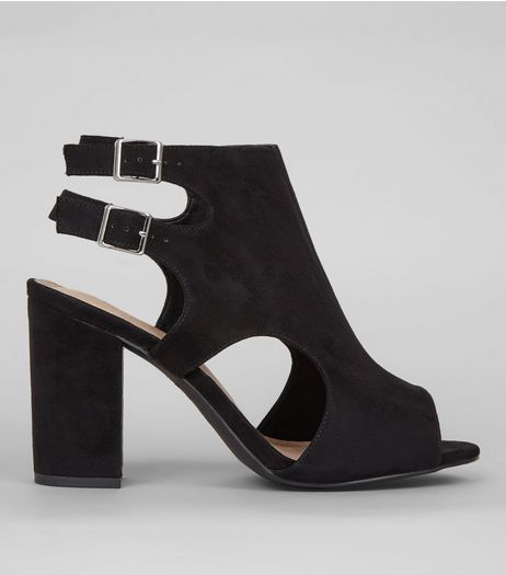Wide Fit Black Comfort Suedette Double Strap Sling Back Heels | New Look