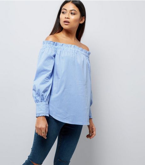 Petite Blue Stripe Frill Trim Bardot Neck Top | New Look