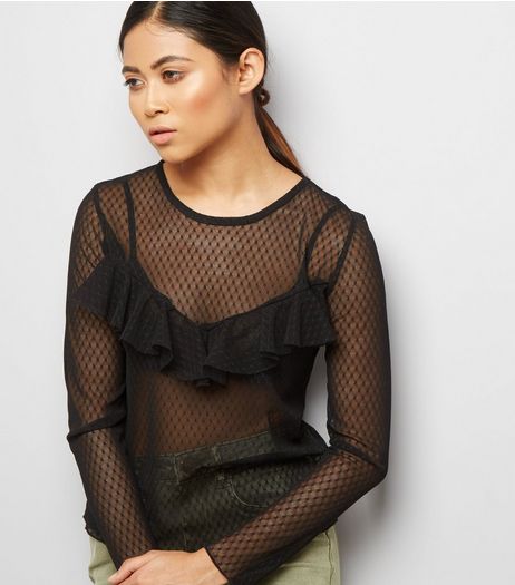 Petite Black Spot Mesh Frill Trim Top | New Look