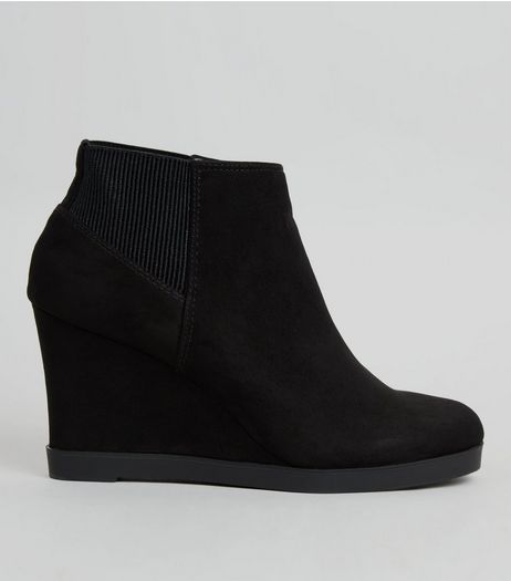 Teens Black Suedette Ribbed Panel Wedge Heel Ankle Boots | New Look
