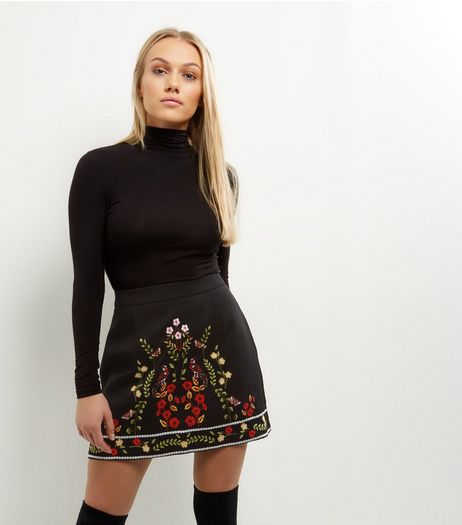 Petite Black Floral Bird Embroidered A-Line Mini Skirt | New Look