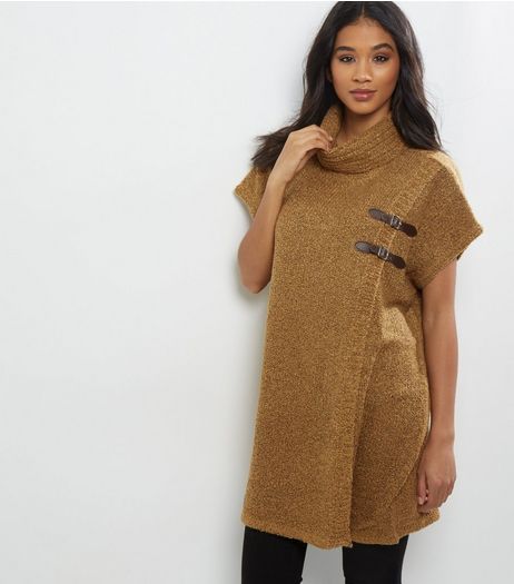 QED Camel Cowl Neck Buckle Front Poncho | New Look