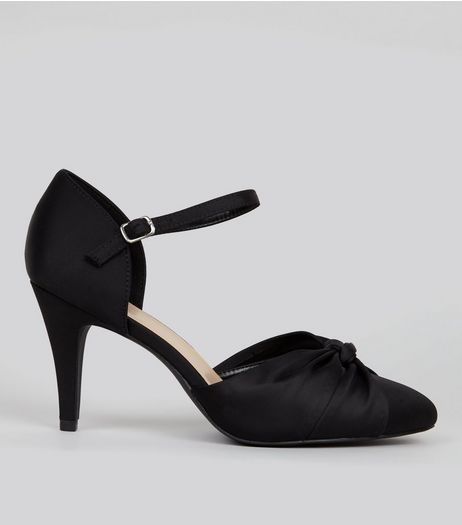 Wide Fit Black Satin Knot Front Court Shoes | New Look