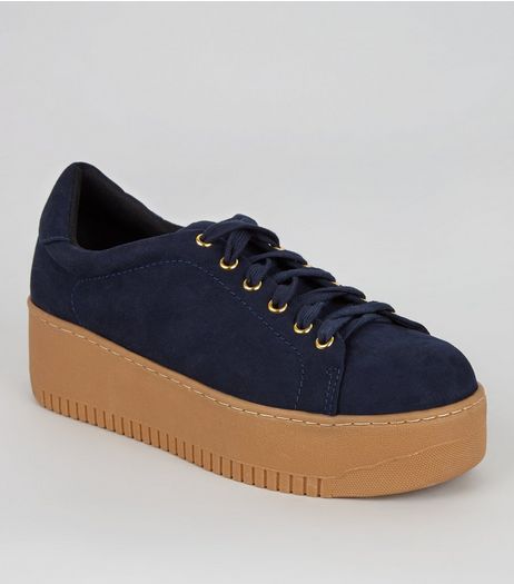 Navy Suedette Chunky Contrast Sole Trainers | New Look