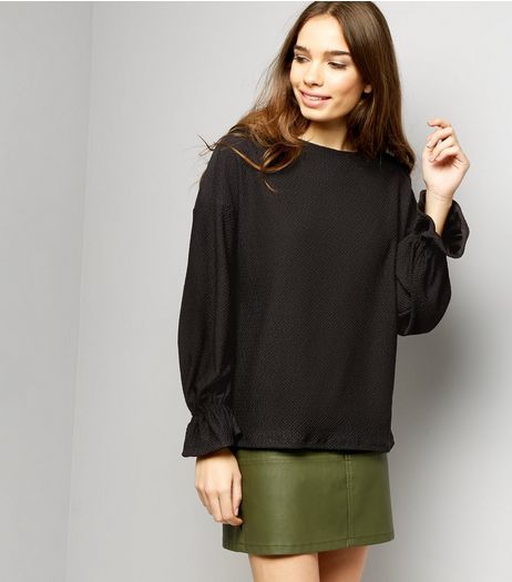 Black Jacquard Textures Flared Cuff Long Sleeve Top | New Look