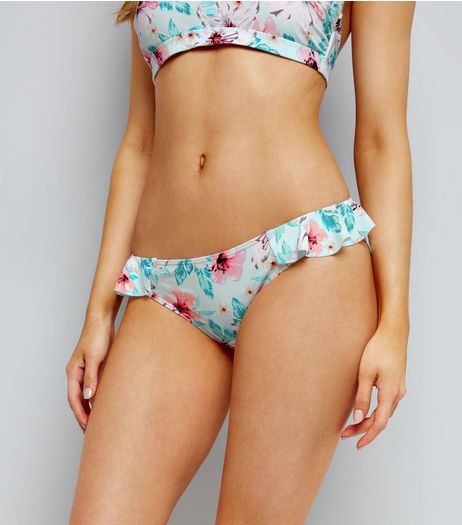 Blue Tropical Print Frill Trim Low Rise Bikini Bottoms | New Look