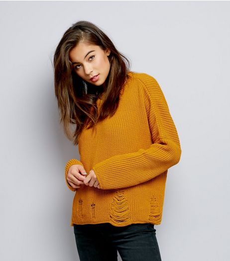 Yellow Ladder Ripped Crew Neck Boxy Jumper | New Look