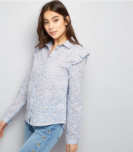 Blue Vanilla Blue Floral Stripe Frill Trim Shirt | New Look