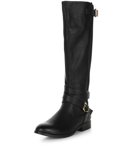Black Buckle Strap Knee High Boots | New Look