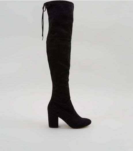Black Suedette Tie Back Over The Knee Heeled Boots | New Look