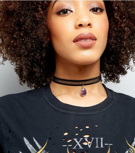 Black Fishnet Stone Drop Choker | New Look