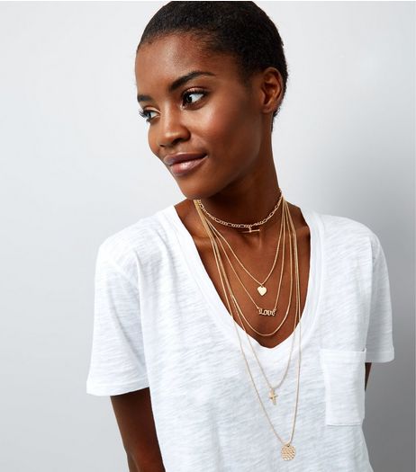 Gold Layered Chain Charm Drop Choker | New Look
