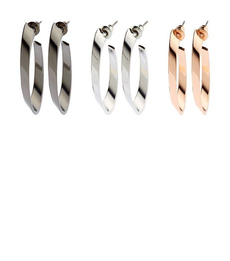 3 Pack Rose Gold Silver and Black Oval Hoop Earrings | New Look